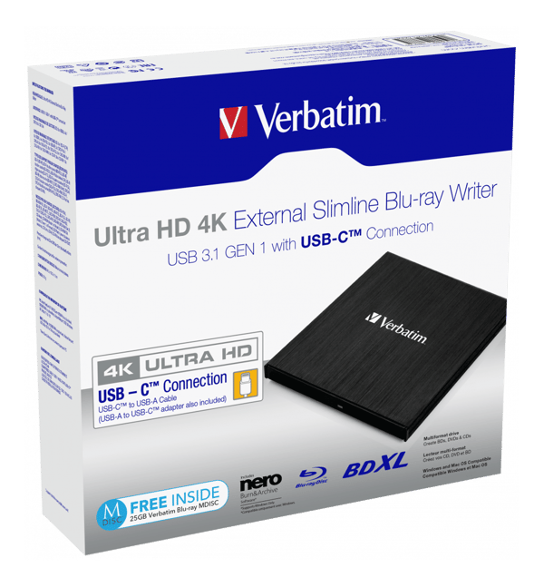 External Ultra HD 4K Slimline Blu-ray Writer USB 3.1, USB-C