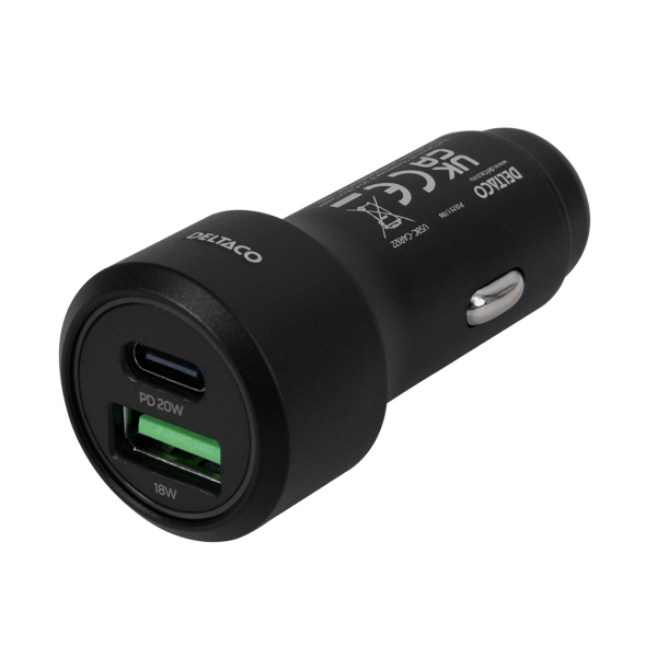 USB car charger, 1xUSB-A 18W, 1xUSB-C PD 20W, tot 38W, black