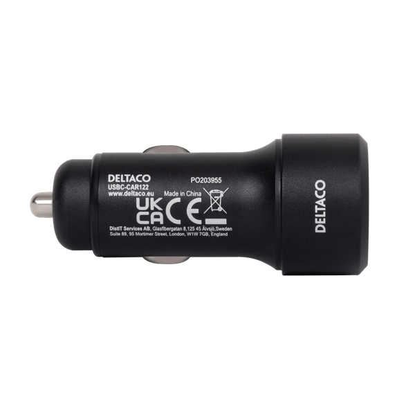 USB car charger, 1xUSB-A 18W, 1xUSB-C PD 20W, tot 38W, black