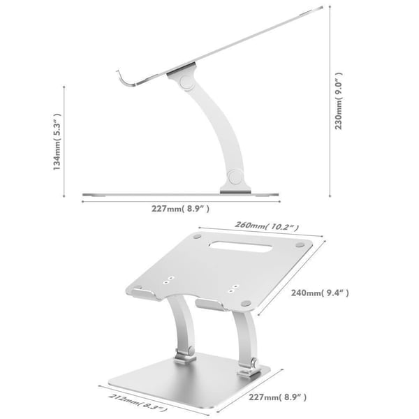 Laptop Stander Dual Pivot Riser Justerbar Aluminiun Sølv