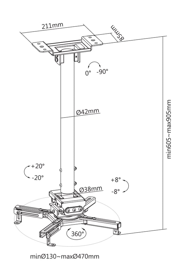 Projector mount flat/inclined ceilings tilt swivel 35kg