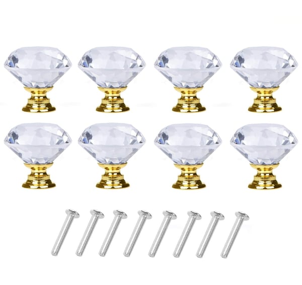 Diamantformede Glassknotter Transparent/Gull 8 stk