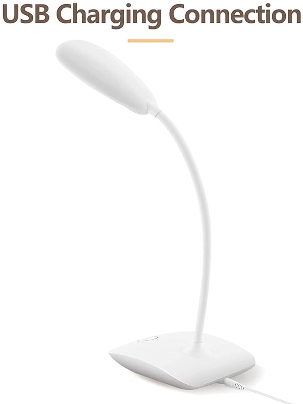 Genopladelig LED bordlampe med lysdæmper og bøjelig fod, Hvid