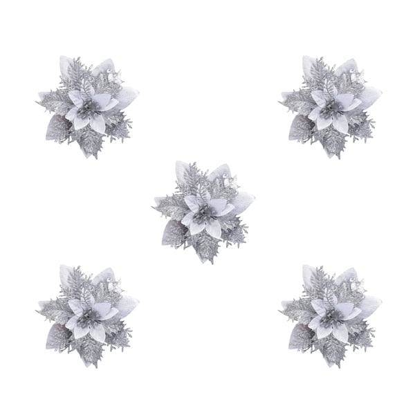 Kunstige juleblomster sølv 5-pack julepynt