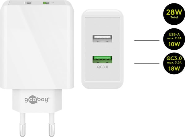 USB-A QC dobbelt hurtigoplader (28 W) hvid