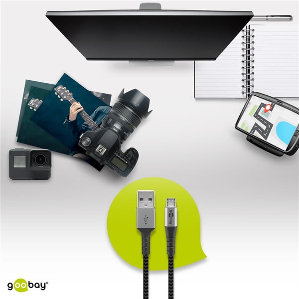 Mikro-USB til USB-A tekstilkabel med metallkontakter 2 m