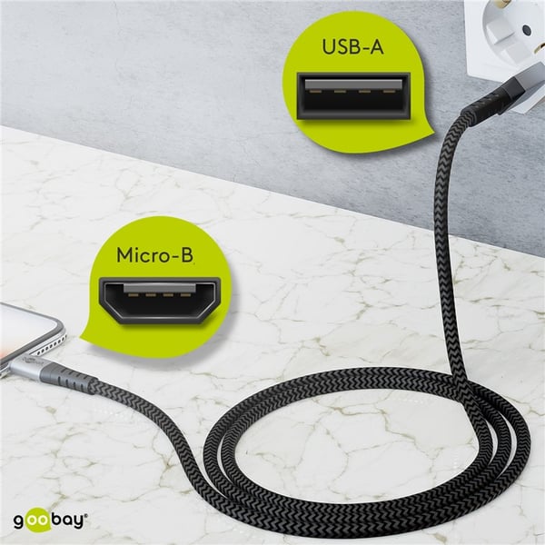 Mikro-USB til USB-A tekstilkabel med metallkontakter 2 m