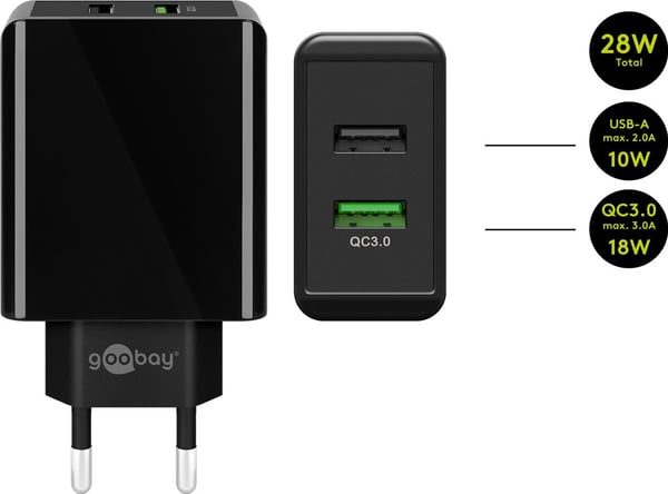 USB-A QC dobbelt hurtigoplader (28 W) sort