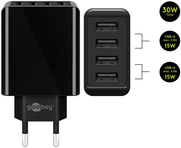 4-tie USB-laturi (30W) musta