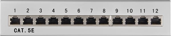 CAT 5e mini-/pöytäliitäntäpaneeli, 12 porttia (1 HE)