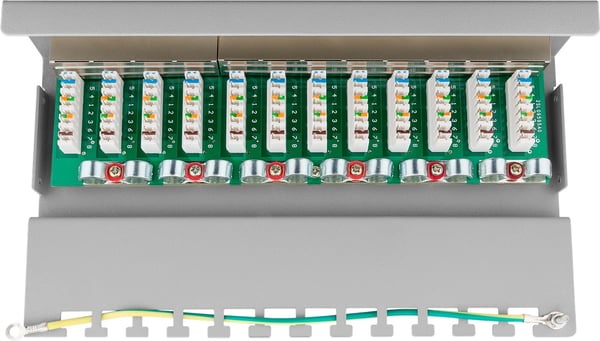 CAT 5e mini-/pöytäliitäntäpaneeli, 12 porttia (1 HE)