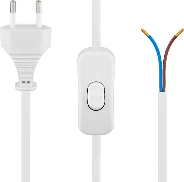 Kabel med europlugg for montering - med bryter, 1,5 m, hvit