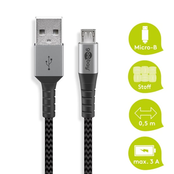 Mikro-USB til USB-A tekstilkabel med metallkontakter 0,5 m