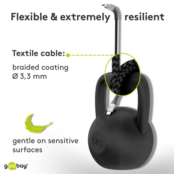 Mikro-USB til USB-A tekstilkabel med metallkontakter 0,5 m