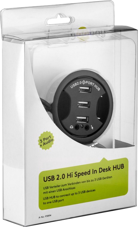 3-porters innebygd USB-hub med 2x 3,5 mm jack-kontakter