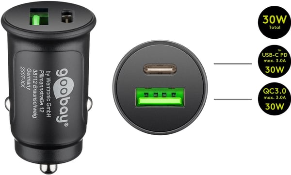 Dobbel USB-hurtiglader med automatisk lader, USB-C™ PD (strømforsyning) (30 W)