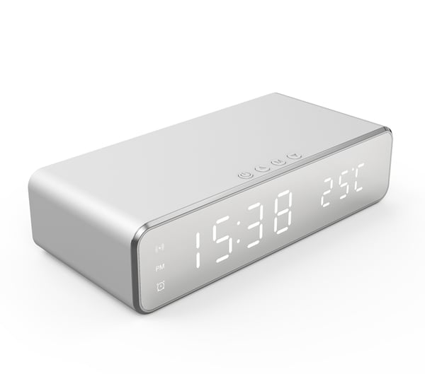 Digital vekkerklokke med trådløs lader / termometer, sølvfarget