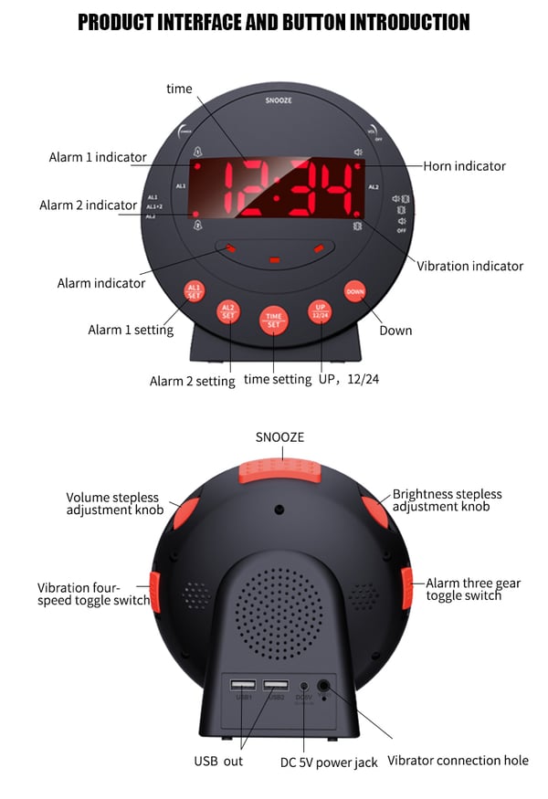 Vækkeur med bed shaker Sort