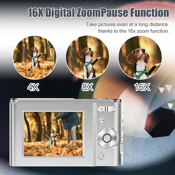 Digitalkamera 1080P, 48 megapiksler, 16x zoom Silver