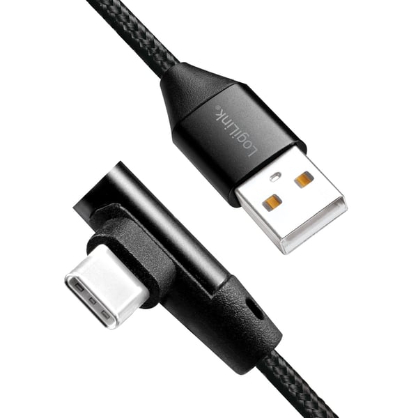 USB-A - USB-C -kaapeli, kulmapunottu, 15 W, 1 m, musta