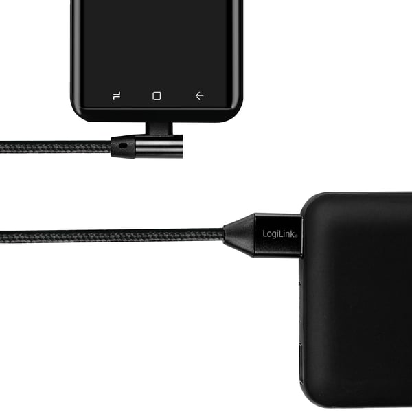 USB-A - USB-C -kaapeli, kulmapunottu, 15 W, 1 m, musta
