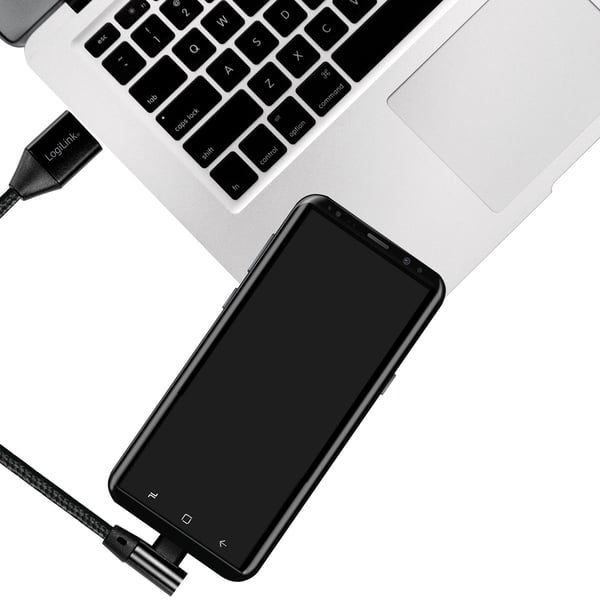 USB-A - USB-C -kaapeli, kulmapunottu, 15 W, 1 m, musta