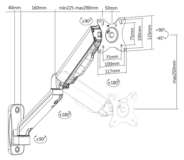 Single wall gas spring, 17"-32", 2-9kg