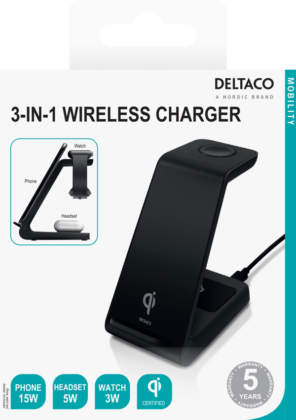 3-in-1 wireless charger stand, 15 W, 5 W, 3 W, black