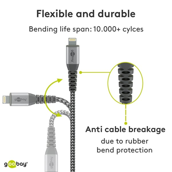 Lightning-USB-A tekstilkabel med metallkontakter, 1 m