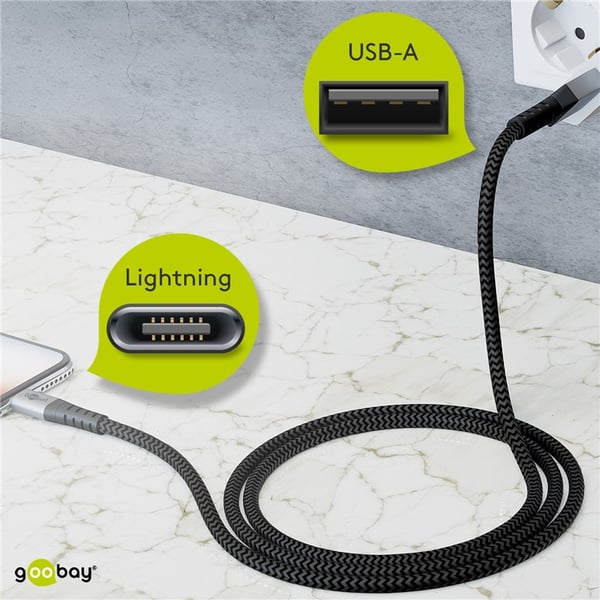 Lightning-USB-A tekstilkabel med metallkontakter, 1 m