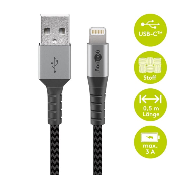 Lightning-USB-A tekstilkabel med metallkontakter, 0,5 m