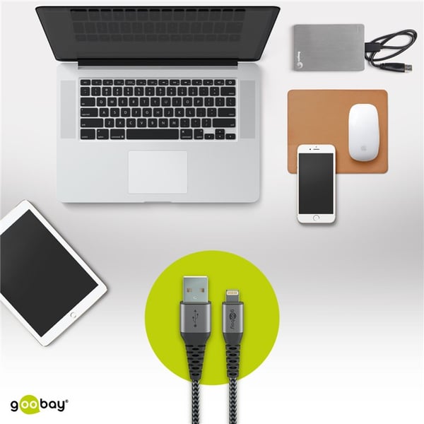 Lightning-USB-A tekstilkabel med metallkontakter, 0,5 m