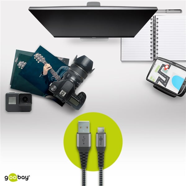 Mikro-USB til USB-A tekstilkabel med metallkontakter 1 m