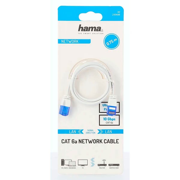 Nettverkskabel CAT6a Slim U/UTP 0.75m Hvit