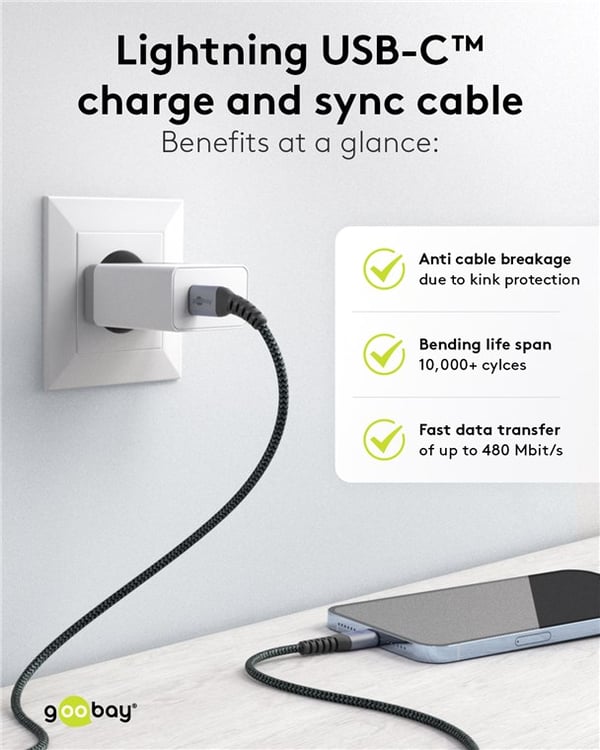 Lightning-USB-C™ tekstilkabel med metallkontakter, 1 m