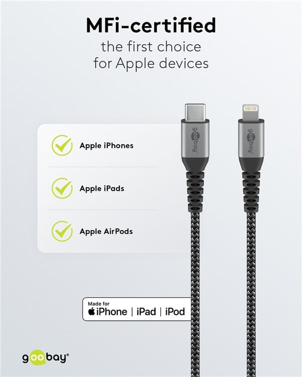Lightning-USB-C™ tekstilkabel med metallkontakter, 1 m