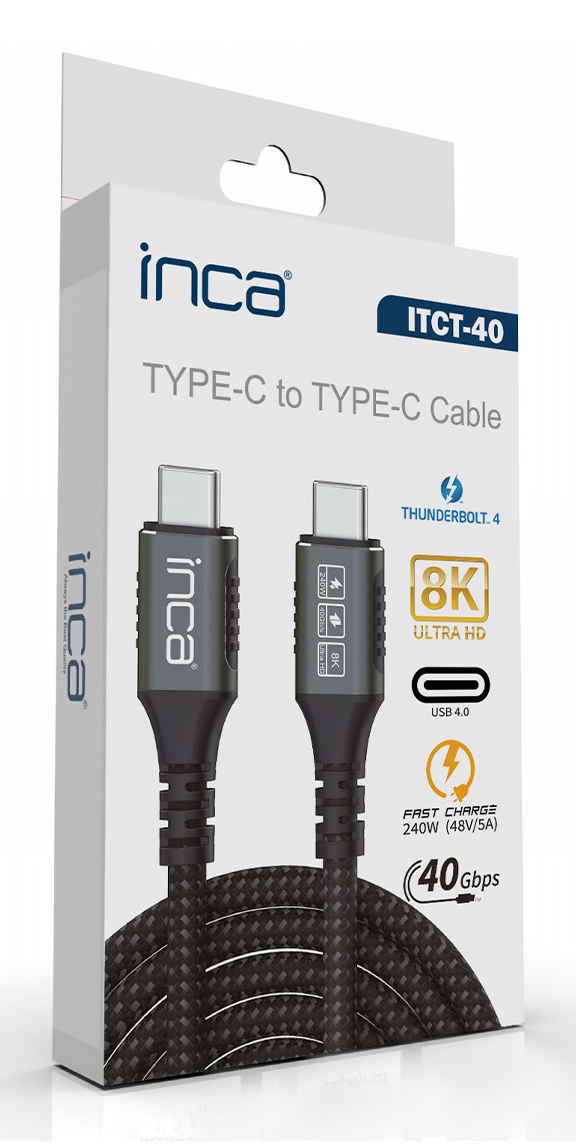 Inca ITCT-40 USB-kablar USB4 Gen 2x2 0,8 m USB C 40 Gbit/s 240 W Svart