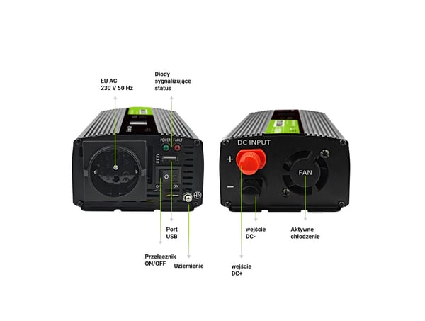 Green Cell Przetwornica napicia PowerInverter LCD 12 V 500W/1000W Przetwornica samochodowa z wywietlaczem - czysty sinus virta-adapteri ja vaihtosuuntaaja Auto Musta