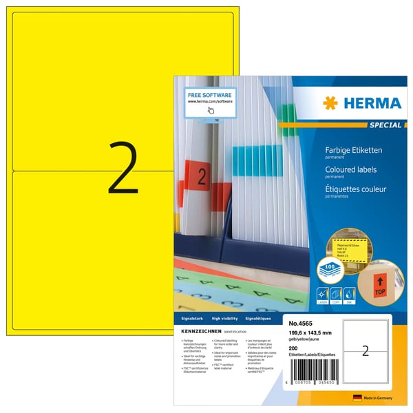 Miniatyrbillede 1 af 2: HERMA 4565 selvklæbende etiket Rektandel Gul 200 stk