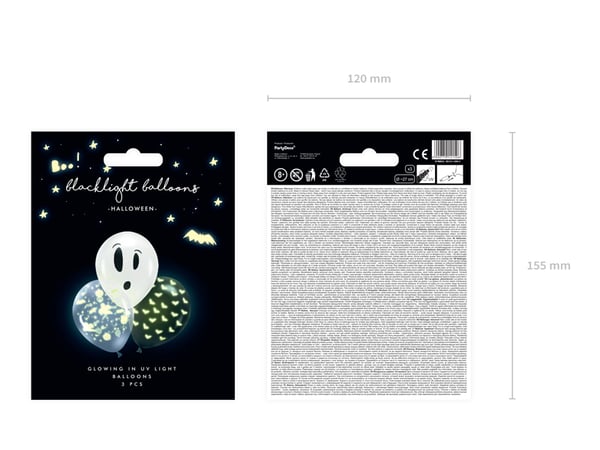Miniatyrbillede 3 af 7: UV-balloner 27 cm, BOO!, assorteret (1 pk./3 stk.)