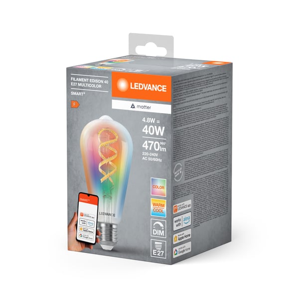 LEDVANCE SMART+ MATTER Filament Edison LED-lamppu Multi, Valkoinen 6500 K 4,8 W E27 E