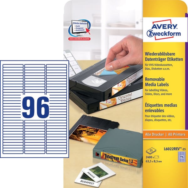 Avery L6022REV-25 självhäftande etiketter Rundad rektangel Lösa Vit 2400 styck
