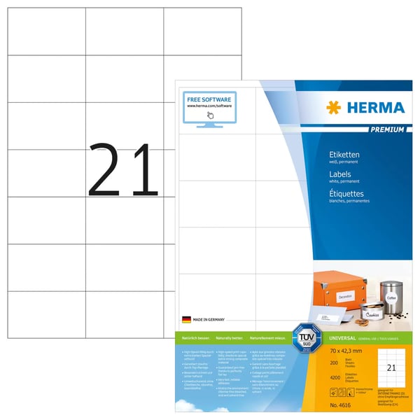 HERMA 4616 liimaetiketti Suorakulmio Kiinteä Valkoinen 4200 kpl