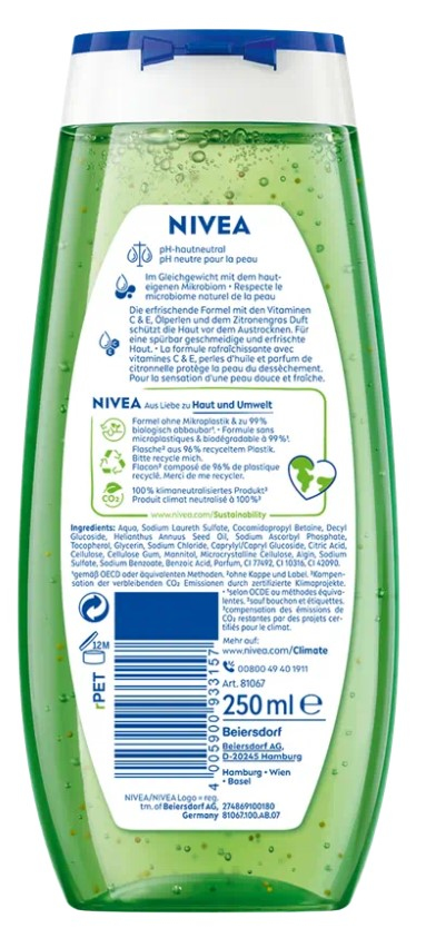 NIVEA Lemongrass & Oil 250 ml Duschgel Kropp Citrongräs