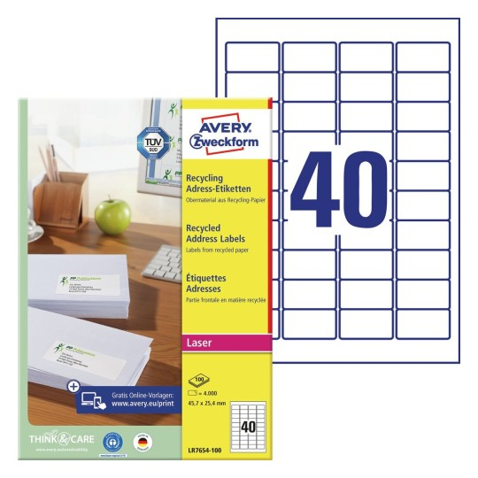 Miniatyrbild 4 av 4: Avery LR7654-100 självhäftande etiketter Rektangel Permanent Vit 4000 styck