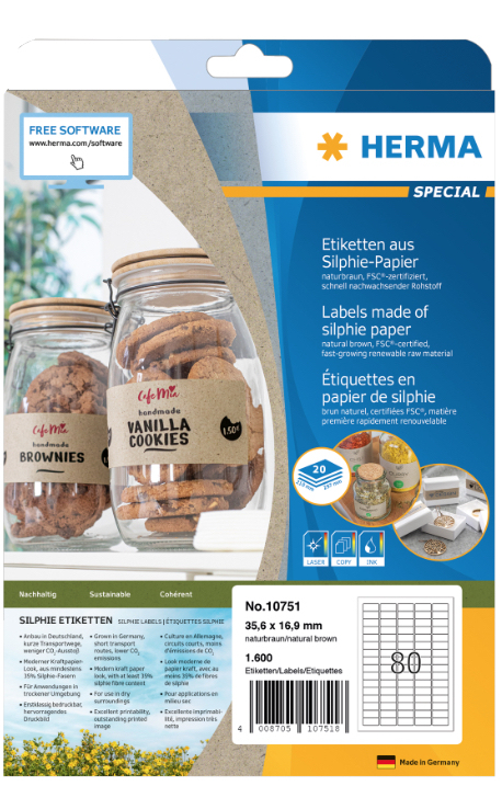 HERMA 10751 selvklæbende etiket Rektandel Permanent Brun 16000 stk