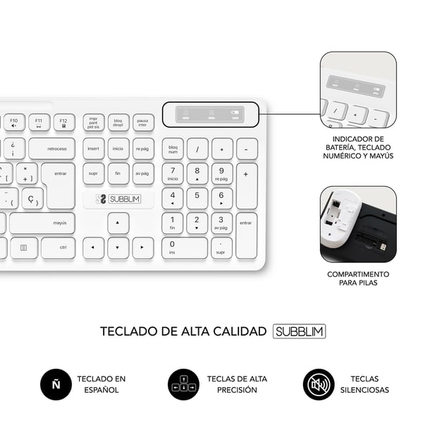 SUBBLIM SUBKBC-CSSW11 tastatur Mus inkluderet Universel RF trådløst QWERTY Spansk Hvid
