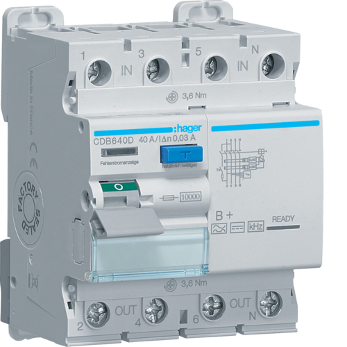FI-SCH. 3P+N 10KA 40A 30MA B+ / HAGER CDB640D FI-SCH. 3P+N 10KA 40A 30MA B+ / HAGER CDB640D
