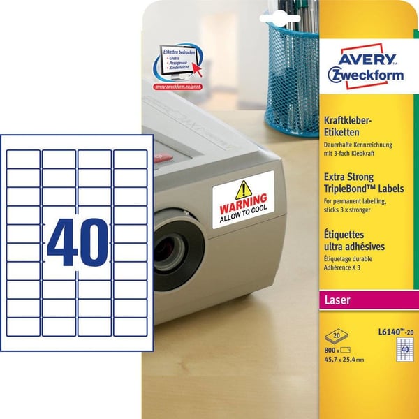 Miniatyrbild 6 av 6: Avery L6140-20 självhäftande etiketter Rundad rektangel Permanent Vit 800 styck