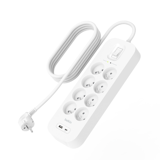 Belkin SRB003CA2M överspänningsskydd Vit 8 AC-utgångar 2 m